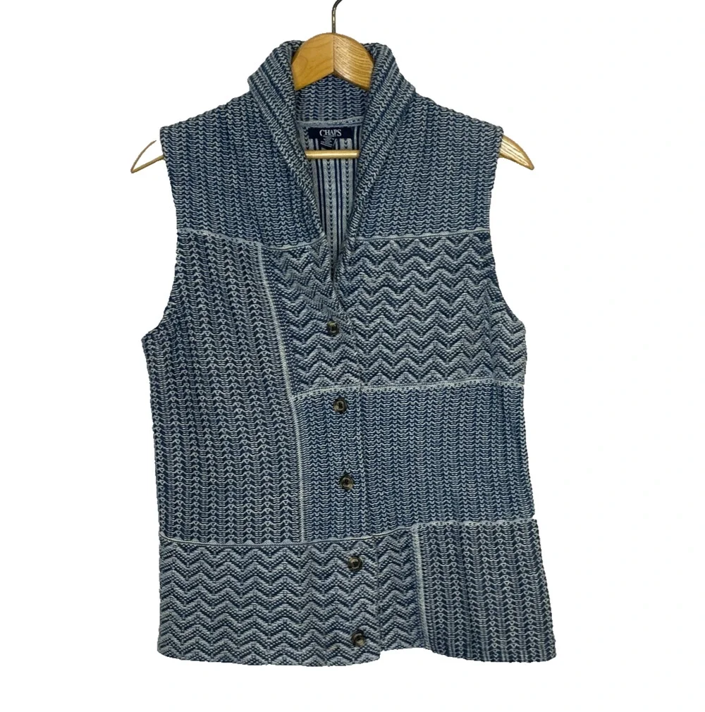 Women's Large Chaps Blue Knit Cotton Blend Sweater Vest Button
